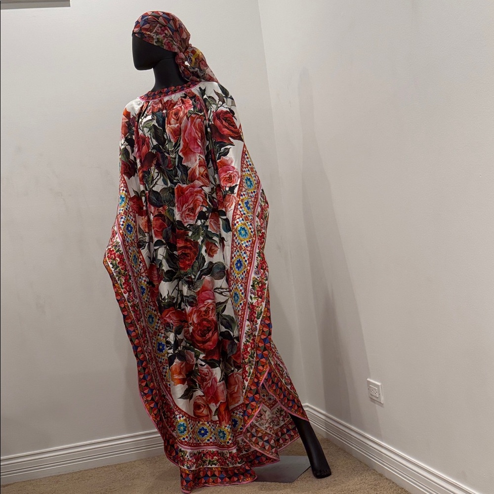 Dolce & Gabbana Silk Rose Caftan Dress + Matching Scarf IT42 Luxury Resort